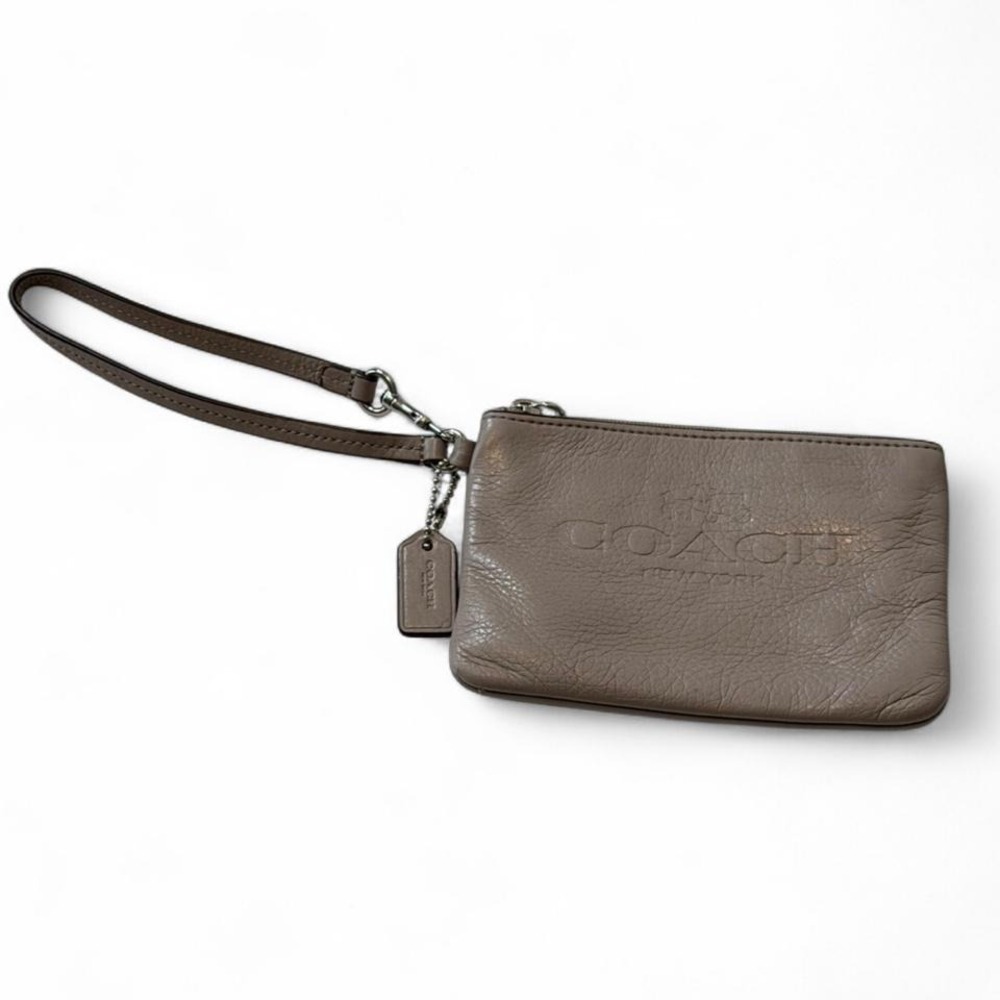 Coach Pebble Leather Gray/Taupe‎ Logo Embossed Wristlet